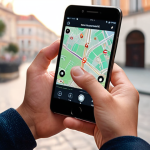 ** A hand carefully adjusting app permissions on a smartphone, focusing on location services. Soft, diffused lighting.

**